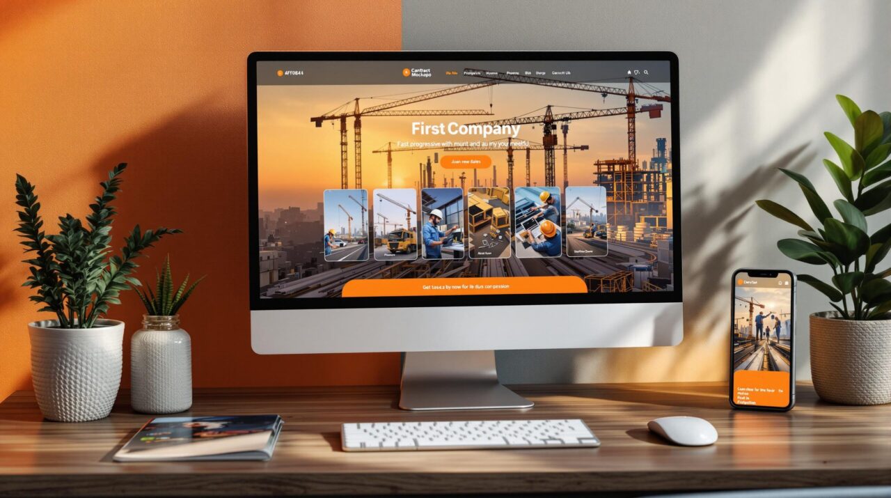 Pracovní stůl s monitorem a telefonem, na obou ukázka webu